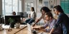 Business consultants guide client through data on their laptop