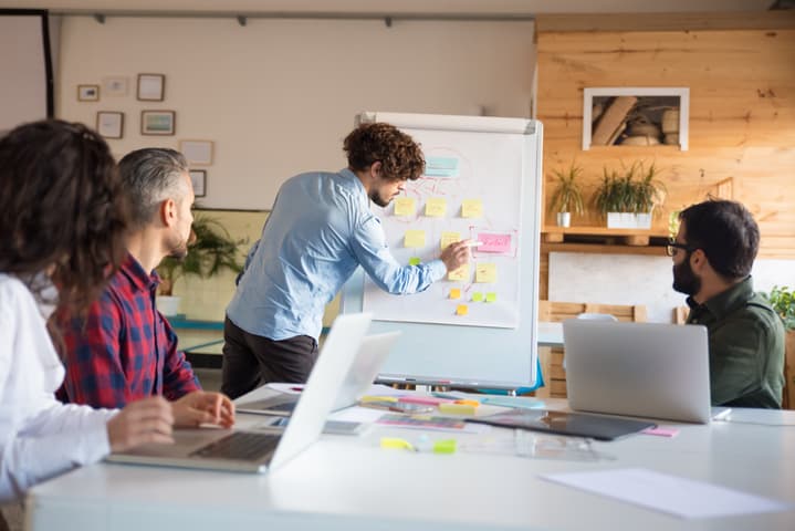 Startup manager presenting project plan to team of coworkers. Business colleagues in casual working together in contemporary office space.
