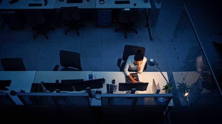 High Angle Shot Businesswoman working late at night