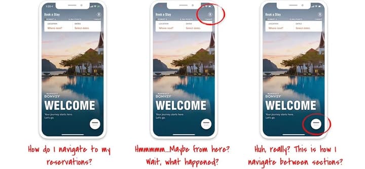 An example of bad information architecture where the menu is the bottom right not in the top right where we users expect it to be.