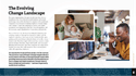 The second page of the Propeller 2023 People and Change Insights eBook with the words "The Evolving Change Landscape" and a photograph of a mother in a white shirt with a baby on her lap and a laptop in front of her and a photograph of a black male waving at a woman on a computer screen.