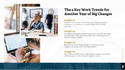 The fifth page of the Propeller 2023 People and Change Insights eBook showing a photograph of a laptop and a woman sitting at a desk with people walking in a blurred motion behind her. The words "The 4 Key Work Trends for Another year of Big Changes"